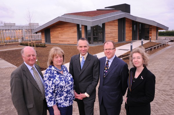 Lord de Mauley (centre) opened the Sophi Taylor Building, NIAB Innovation Farms new visitor centre, accompanied by Sir Jim Paice MP, NIAB CEO Dr Tina Barsby, George Freeman MP and NIAB Innovation Farms Dr Lydia Smith 